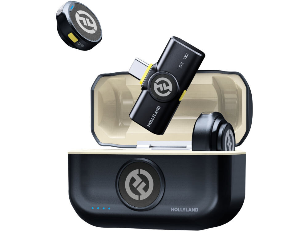 System bezprzewodowy HOLLYLAND Lark M2 USB-C Grafitowy prezentacja etui i przed nim oraz w powietrzu urządzeń na białym tle ładowanie podczas użytkowania eliminacja przerw w nagraniach