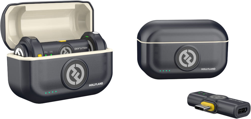 System bezprzewodowy HOLLYLAND Lark M2 USB-C Grafitowy prezentacja zamkniętego i otwartego etui obok z urządzeniami w środku na białym tle plug&play działa po podłączeniu szeroka kompatybilność