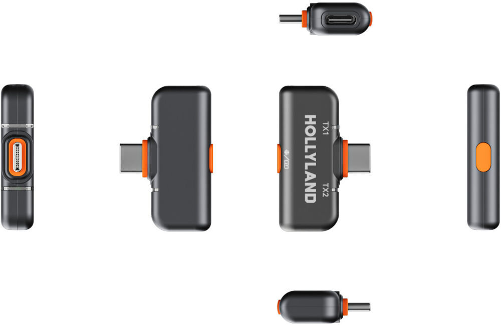 System bezprzewodowy HOLLYLAND Lark M2S USB-C Duo prezentacja odbiornika z każdej strony na białym tle odsłuchiwanie nagrania bez odłączania odbiornika skrócenie czasu pracy weryfikacja