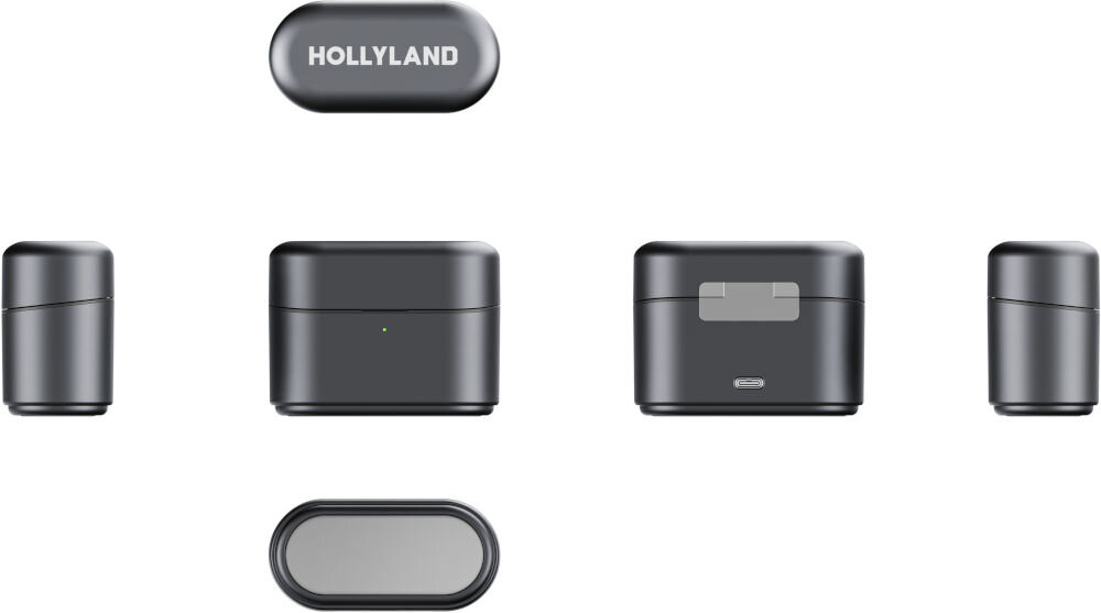 System bezprzewodowy HOLLYLAND Lark M2S USB-C Duo prezentacja etui z każdej strony na białym tle zakres temperatur odporność warunki terenowe wytrzymałość