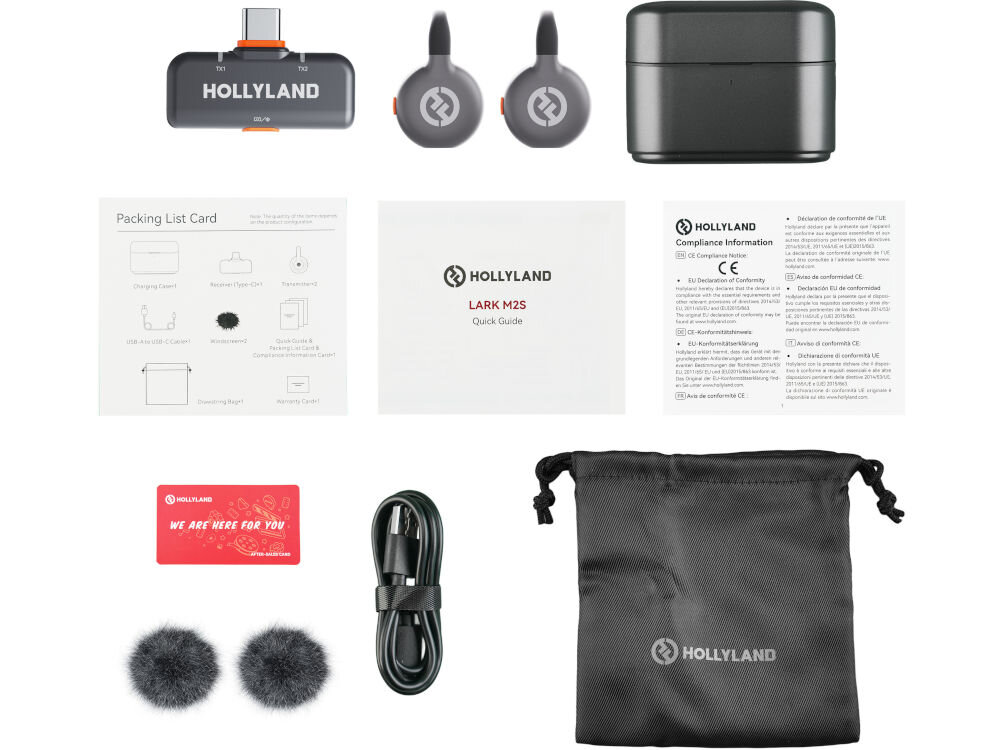 System bezprzewodowy HOLLYLAND Lark M2S USB-C Duo prezentacja zestawu bezprzewodowego wraz z akcesoriami na jasnym tle