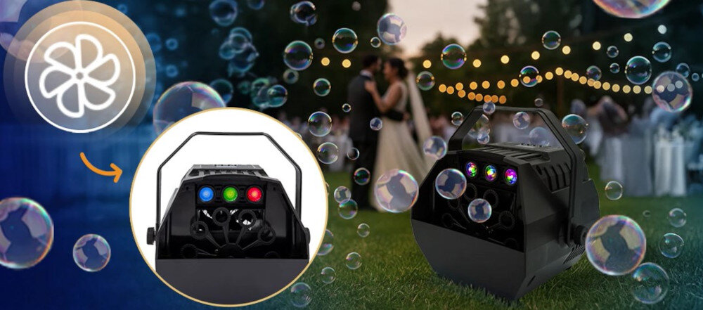 Wytwornica baniek MUSICMATE MM-BB200 BUBBLEBEAM z trybami kolorów RGB i pilotem, wytwonica stojąca na trawie, w tle impreza ślubna