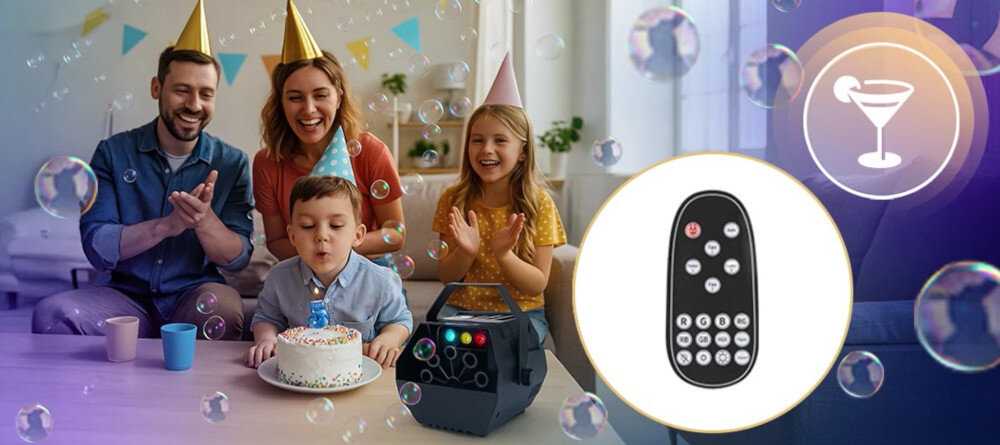 Wytwornica baniek MUSICMATE MM-BB200 BUBBLEBEAM z intensywnym oświetleniem LED RGB, wytwornica stojąca na stole, osoby świętujące urodziny