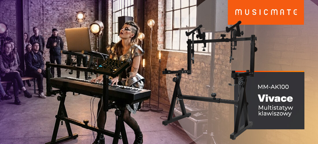 Statyw klawiszowy MUSICMATE MM-AK100 VIVACE multistatyw do instrumentów klawiszowych, osoba grająca na keyboardzie umiejscowionym na statywie