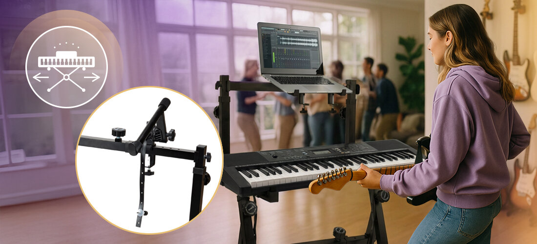 Statyw klawiszowy MUSICMATE MM-AK100 VIVACE metalowa konstrukcja dwa poziomy regulacja 56–90 cm, keyboard położony na statywie, osoba trzymająca gitarę w ręku