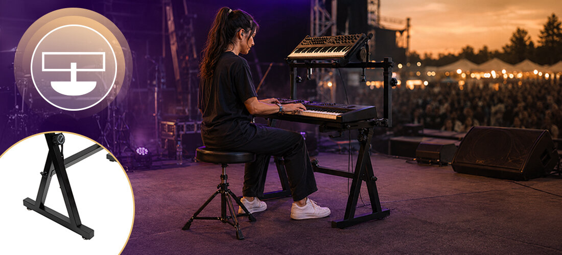 Statyw klawiszowy MUSICMATE MM-AK100 VIVACE dwa poziomy keyboard syntezator pianino cyfrowe MIDI, osoba grająca na keyboardzie umiejscowionym na statywie