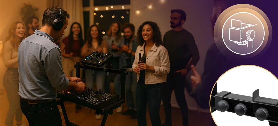 Statyw klawiszowy MUSICMATE MM-AK100 VIVACE metalowa konstrukcja zaczepy ograniczniki antypoślizgowe nóżki, osoba grająca na mikserze umiejscowionym na statywie