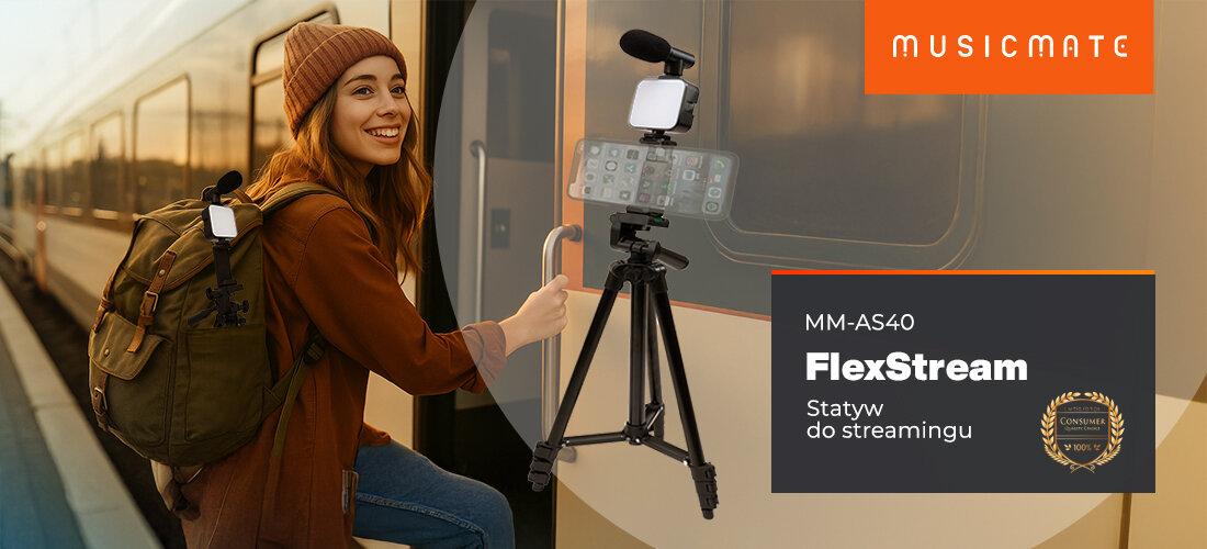 MM-AS40 FlexStream zestaw do streamingu z mikrofonem, statywem i lampą LED, osoba wsiadająca do pociągu
