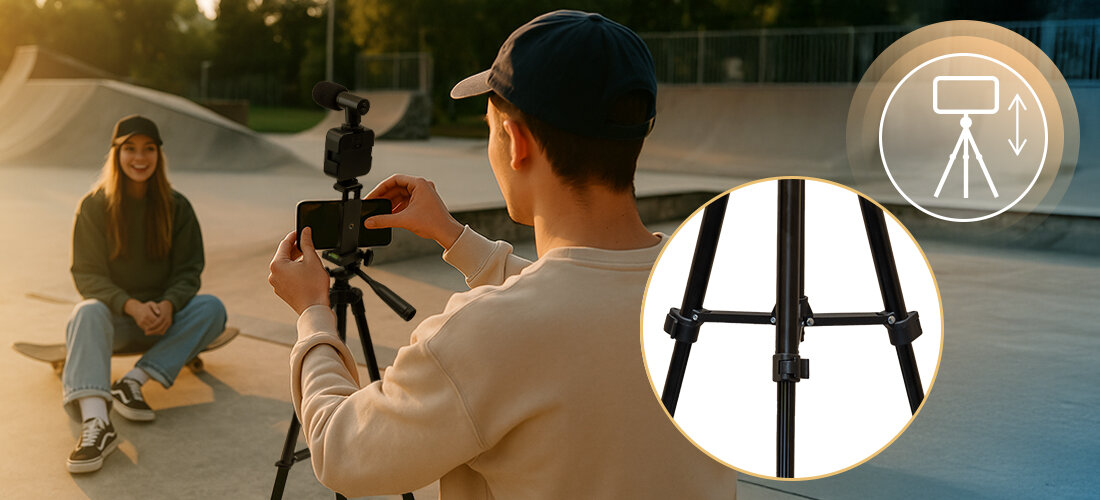 MM-AS40 FlexStream zestaw streamingowy z mikrofonem i pilotem, mobilny do vlogów i nagrań, osoby korzystające ze statywu w skateparku