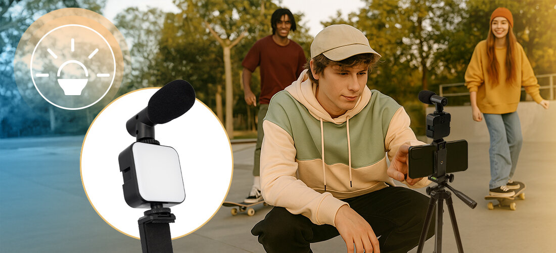MM-AS40 FlexStream lampa LED zasilana bateriami AA, doświetlenie w plenerze i pomieszczeniach, osoby korzystające ze statywu w skateparku