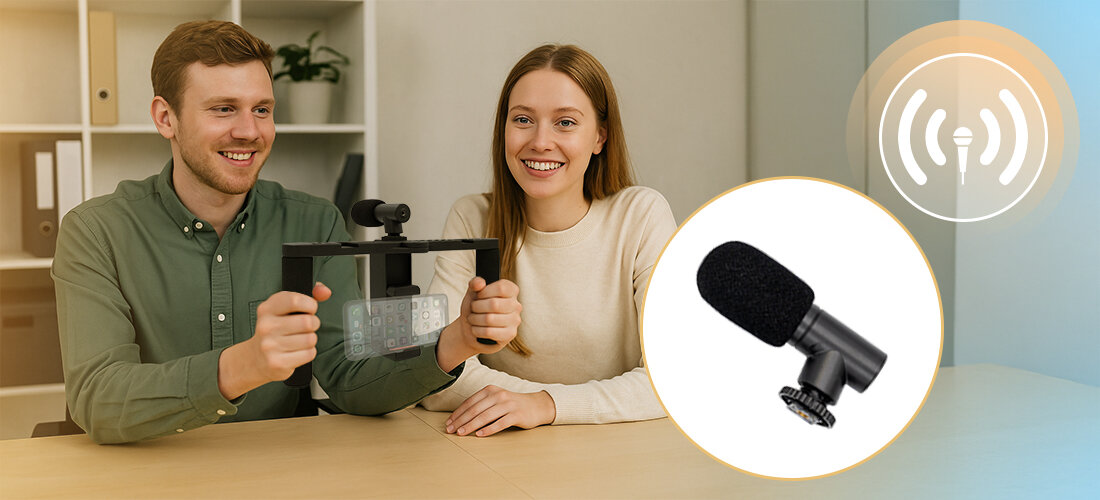MM-AS50 MoveStream mikrofon kierunkowy z kablem Jack 3.5 mm do smartfona, osoby siedzace przy stole, mężczyzna trzymający statyw