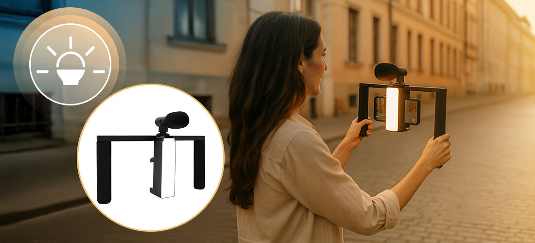 MM-AS50 MoveStream lampa LED z regulacją barwy i jasności, zasilana baterią 1500 mAh, osoba stojąca na ulicy trzymająca statyw