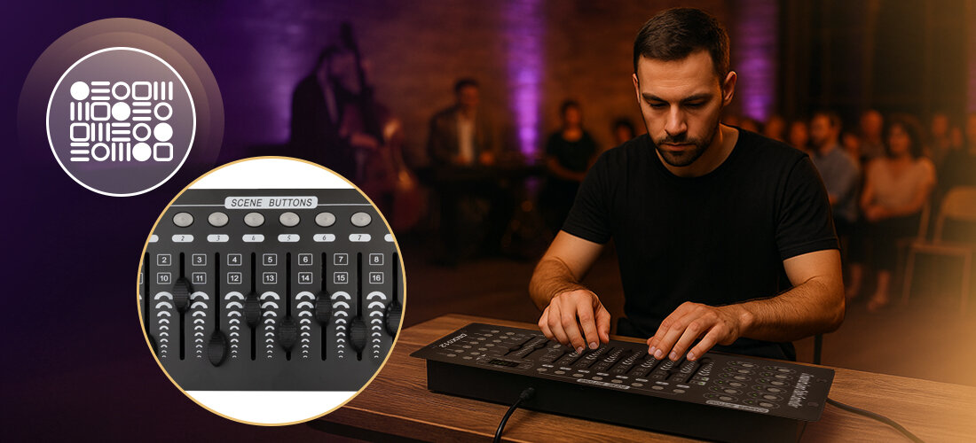 Sterownik suwakowy DMX Kontroler MUSICMATE MM-DX100 Illumicore 192 kanały banki pamięci suwak LED, osoba siedząca przy stole przy kontrolerze