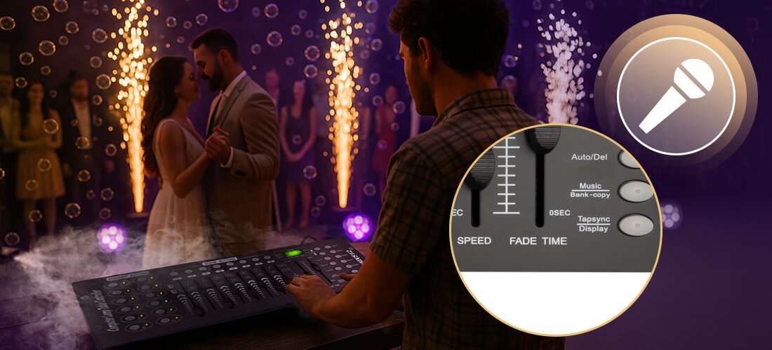 Sterownik suwakowy DMX Kontroler MUSICMATE MM-DX100 Illumicore CHASE FADE efekty świetlne, osoba obsługująca kontroler na imprezie ślubnej