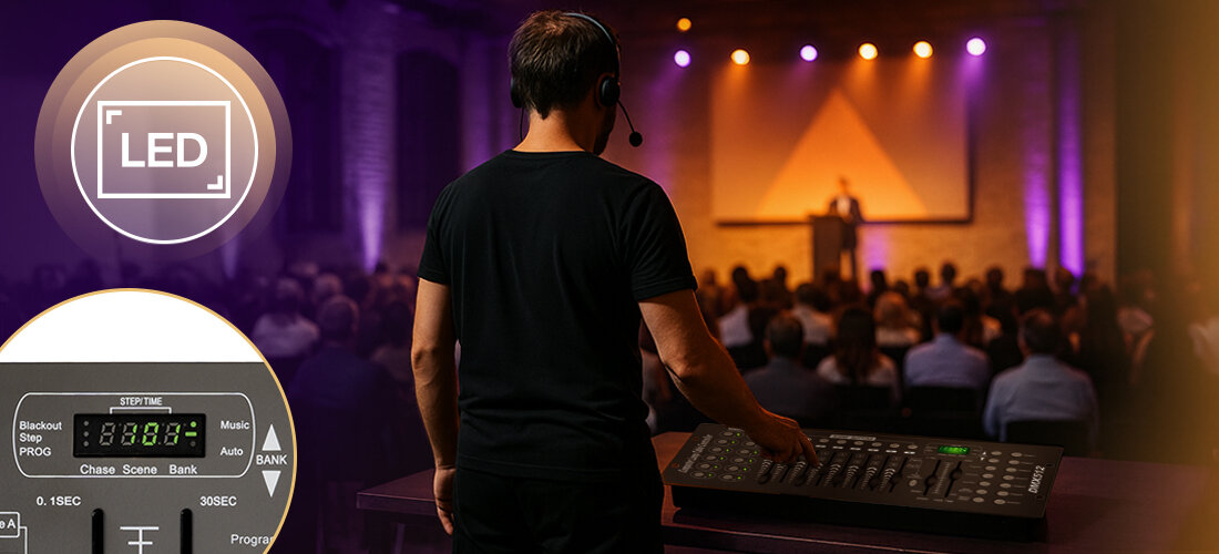 Sterownik suwakowy DMX Kontroler MUSICMATE MM-DX100 Illumicore AUTO TAP SYNC mikrofon efekty, osoba obsługująca kontroler na meetingu