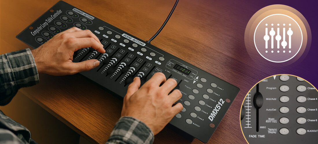 Sterownik suwakowy DMX Kontroler MUSICMATE MM-DX100 Illumicore MIDI BLACKOUT trwała obudowa, kontroler położony na stole