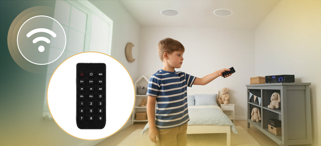 Zestaw nagłośnienia sufitowego MUSICMATE MM-SN400 Aeroacustics - Bezprzewodowe źródła dźwięku, Bluetooth, microSD, nośniki USB-A, dziecko używające pilota do urządzenia
