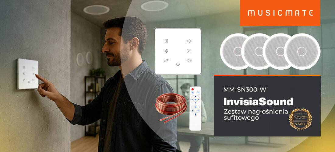 Zestaw sufitowy MUSICMATE MM-SN300-W nagłośnienie 160W panel dotykowy Bluetooth, osoba klikająca w panel dotykowy urządzenia