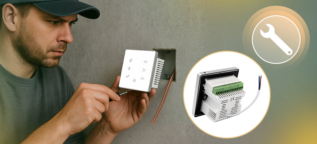 Zestaw MUSICMATE MM-SN300-W panel dotykowy wzmacniacz montaż w ścianie, osoba montująca zestaw