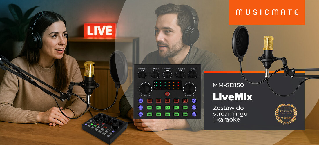 Zestaw do streamingu i karaoke MUSICMATE MM-SD150 LiveMix — wielofunkcyjny mikser audio z efektami i podświetleniem LED, osoby siedzące przy stole z założonymi słuhcawkami i zestawem do stremingu