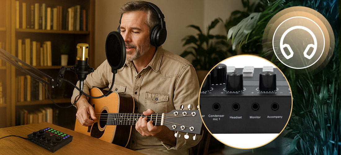 Zestaw do streamingu i karaoke MUSICMATE MM-SD150 LiveMix — efekty dźwiękowe i podświetlenie LED do transmisji i karaoke, osoba siedząca przy stole z mikrfoonem na statywie i gitarą w ręku