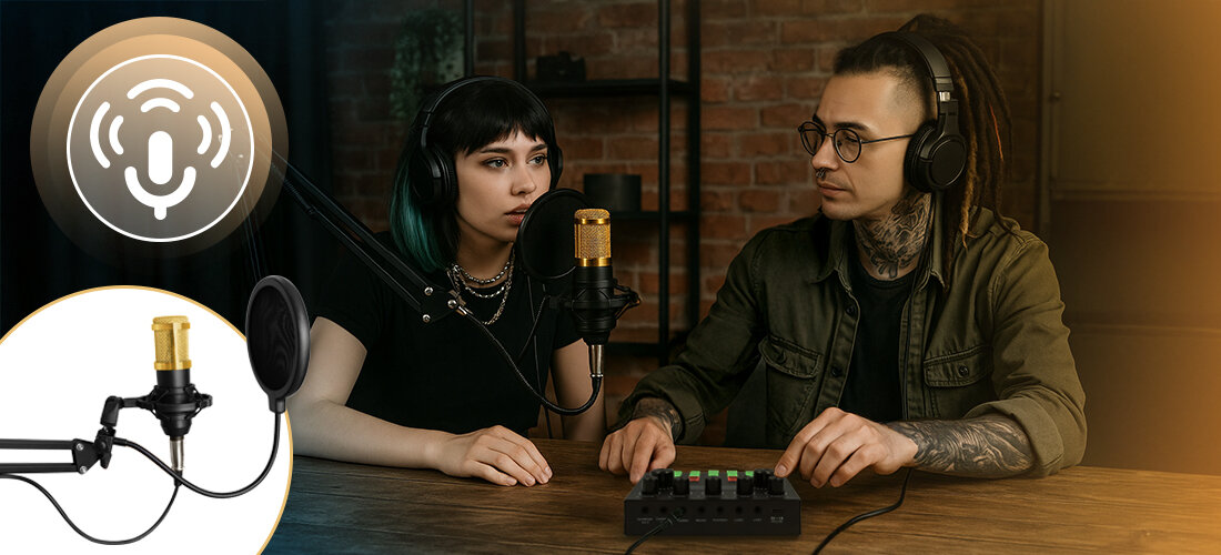 Zestaw do streamingu i karaoke MUSICMATE MM-SD150 LiveMix — 25 efektów głosowych i modulacji bez opóźnień, osoby siedzące przy stole z załozonymi słuchawkami i mikrofonem na statywie