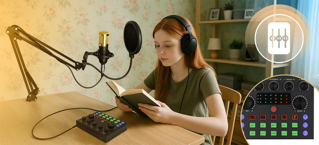 Zestaw do streamingu i karaoke MUSICMATE MM-SD150 LiveMix — regulacja tonów i pogłosu do transmisji i nagrań, osoba siedząca przy stole z założonymi słuchawkami, książką w ręku, oraz mikrofonem na statywie