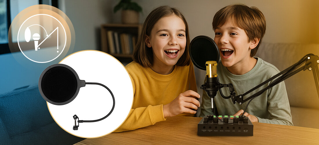 Zestaw do streamingu i karaoke MUSICMATE MM-SD150 LiveMix — Bluetooth, USB-C, wejścia Jack 3,5 mm, bateria 500 mAh i kabel USB-A do USB-C, dzieci siedzące przy stole z mikserem na stole i mikrofonem na ramieniu