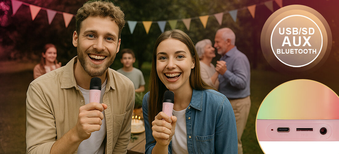 Zestaw karaoke MUSICMATE MM-SC50 HappyVoice — Bluetooth, wejście AUX, czytnik microSD, odtwarzanie podkładów, osoby trzymające mikrofony, w tle osoby bawiące się na przyjęciu urodzinowym