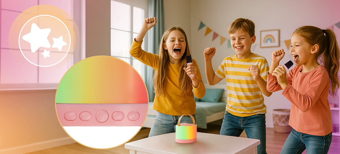 Zestaw karaoke MUSICMATE MM-SC50 HappyVoice — bateria 1500 mAh, mobilne karaoke, dobre na piknik i spotkania, dzieci śpiewające przez mikrofony, głośnik stojący na stoliku