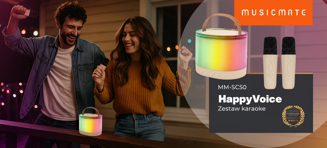 Zestaw karaoke MUSICMATE MM-SC50 HappyVoice zabawa muzyka mobilny głośnik mikrofony LED, osoby bawiące się w rytm muzyki wydobywanej z głośnika