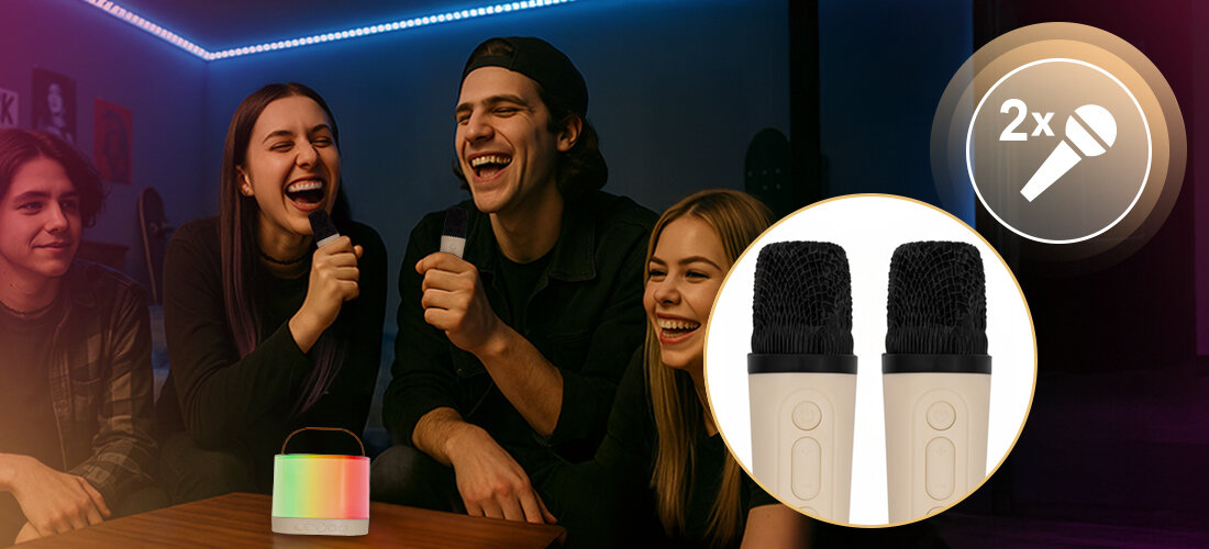 Zestaw karaoke MUSICMATE MM-SC50 HappyVoice głośnik mikrofony Bluetooth LED kontrola dźwięku, osoby bawiące się w rytm muzyki wydobywanej z głośnika, dwie osoby trzymające mikrofony