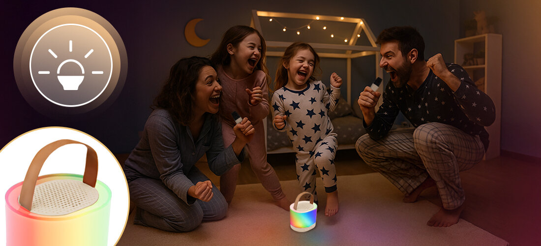 Zestaw karaoke MUSICMATE MM-SC50 HappyVoice mikrofony efekty wokalne komfort zabawa, rodzice z dziećmi bawiące się w rytm muzyki