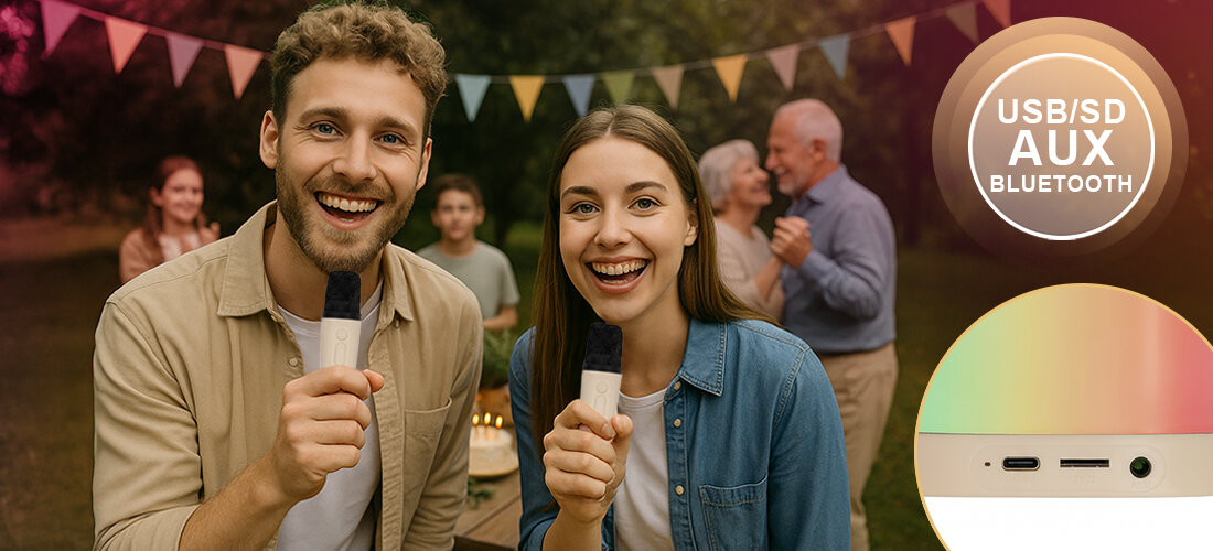 Zestaw karaoke MUSICMATE MM-SC50 HappyVoice LED oświetlenie rytm muzyki klimat, osoby trzymające mikrofony w ręku