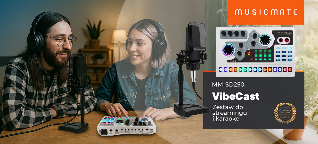 Zestaw do streamingu i karaoke MUSICMATE MM-SD250 VibeCast – zestaw audio, efekty dźwiękowe, streaming LIVE, osoby siedzące przy stole, prowadzące streaming