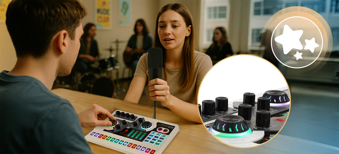 Zestaw do streamingu i karaoke MUSICMATE MM-SD250 VibeCast – 30 efektów, procesor DSP, bateria 3000 mAh, osoba siedząca przy mikserze leżącym na stole, osoba trzymająca mikrofon w ręku
