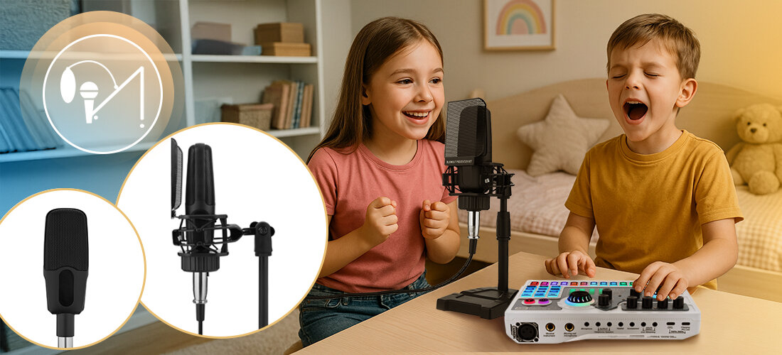 Zestaw do streamingu i karaoke MUSICMATE MM-SD250 VibeCast – Bluetooth, USB-C, wejścia XLR i Jack, bateria 3000 mAh, dzieci siedzące przy stole śpiewające do mikrofonu