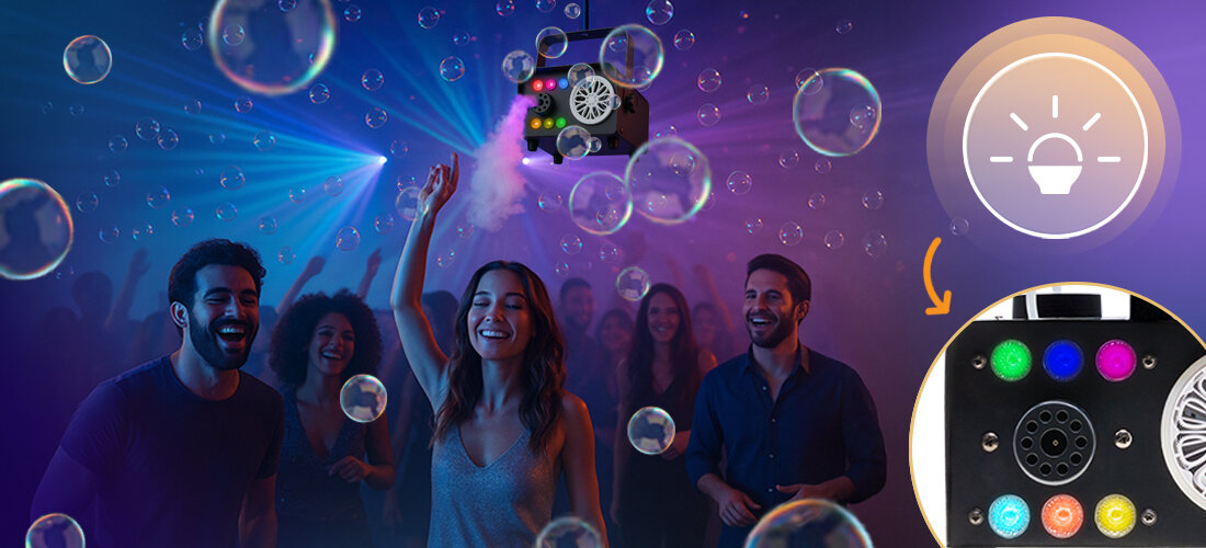 Wytwornica dymu i baniek MUSICMATE MM-DB500 PartyCombo – 6 diod RGB LED 18 W, sterowanie pilotem, urządzenie powieszone pod sufitem, ludzie bawiący się na imprezie wokół baniek