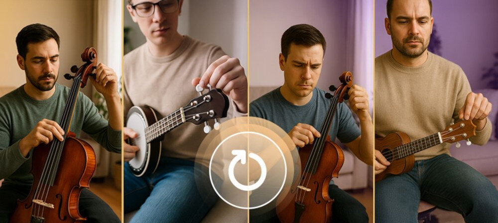 Tuner gitarowy MUSICMATE MM-AG150 Play'n'Tune kompaktowy chromatyczny z diodami LED, osoby strojące instrumenty muzyczne