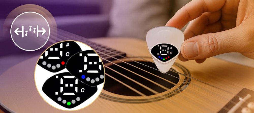 Tuner gitarowy MUSICMATE MM-AG150 Play'n'Tune uniwersalne strojenie instrumentów, kadr gitary, osoba trzymająca kostę w ręku