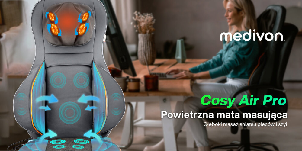 Na pierwszym planie widoczna jest mata masująca z oznaczeniami miejsc masażu. W tle znajduje się osoba siedząca przy biurku, a na obrazie widnieje tekst: \'medivon Cosy Air Pro Powietrzna mata masująca Głęboki masaż shiatsu pleców i szyi\'.