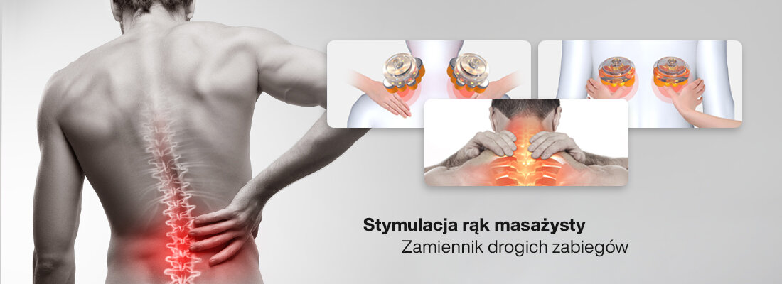Obraz przedstawia osobę z zaznaczonym kręgosłupem i miejscami bólu w kolorze czerwonym. Obok znajdują się trzy zdjęcia pokazujące masaż pleców oraz tekst: \'Stymulacja rąk masażysty Zamiennik drogich zabiegów\'.