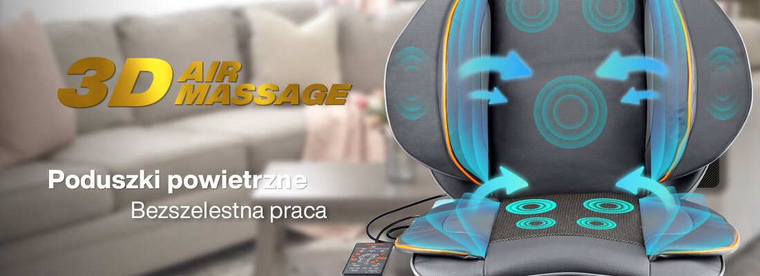 Obraz przedstawia matę masującą z efektem 3D Air Massage, z widocznymi niebieskimi strzałkami i okręgami symbolizującymi masowanie. Tekst na obrazie: \'3D AIR MASSAGE\', \'Poduszki powietrzne\', \'Bezszelelna praca\'.