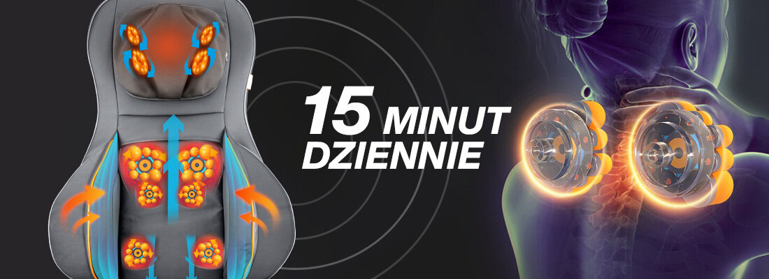 Obraz przedstawia matę masującą z widocznymi schematycznymi strzałkami i elementami masującymi. Obok znajduje się napis \'15 MINUT DZIENNIE\' oraz grafika przedstawiająca działanie masażu na plecach.
