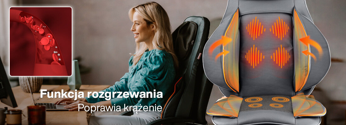 Obraz przedstawia osobę siedzącą na krześle z matą masującą, obok której widoczna jest grafika z funkcją rozgrzewania. Na obrazie znajduje się tekst: \'Funkcja rozgrzewania Poprawia krążenie\'.