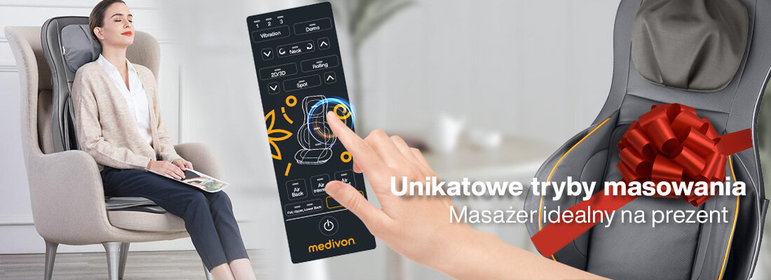 Kobieta siedzi na fotelu z matą masującą, obok widoczny jest pilot z przyciskami i logo \'medivon\'. Na obrazie znajduje się tekst: \'Unikatowe tryby masowania Masażer idealny na prezent\'.