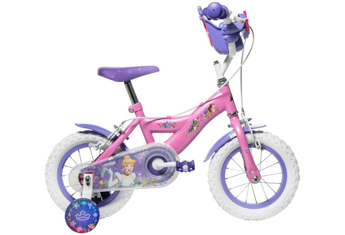 Rower dziecięcy HUFFY Disney Princess 12 cali Różowy Wzrost: 85-100 cm Wiek: 3-5 lat rower na białym tle widoczny od przodu pod skosem dla dzieci w wieku od 3 do 5 lat trwałość wytrzymałość mocna konstrukcja księżniczki z bajek Disney