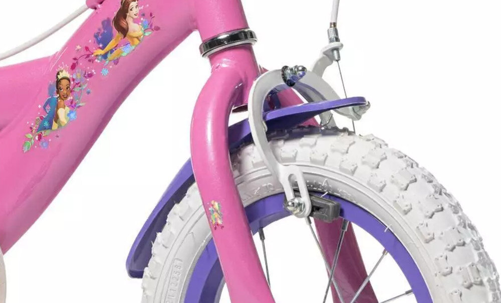 Rower dziecięcy HUFFY Disney Princess 12 cali Różowy Wzrost: 85-100 cm Wiek: 3-5 lat zbliżenie na przedni hamulec zdjęcie na białym tle podstawa bezpieczeństwa hamulec hamulec V-Brake typu Caliper lekki duża siła hamowania