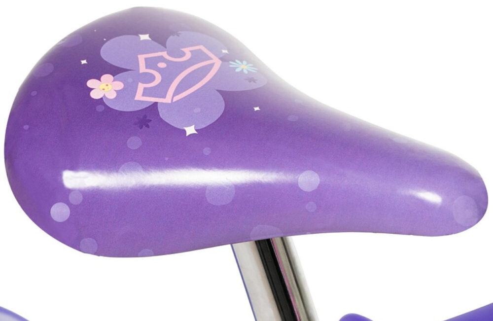 Rower dziecięcy HUFFY Disney Princess 12 cali Różowy Wzrost: 85-100 cm Wiek: 3-5 lat zbliżenie na siodełko i bidon zdjęcie na białym tle bezpieczna i satysfakcjonująca aktywność wygodne siodełko pełen komfort podczas długiej jazdy bezpiecznie komfortowo