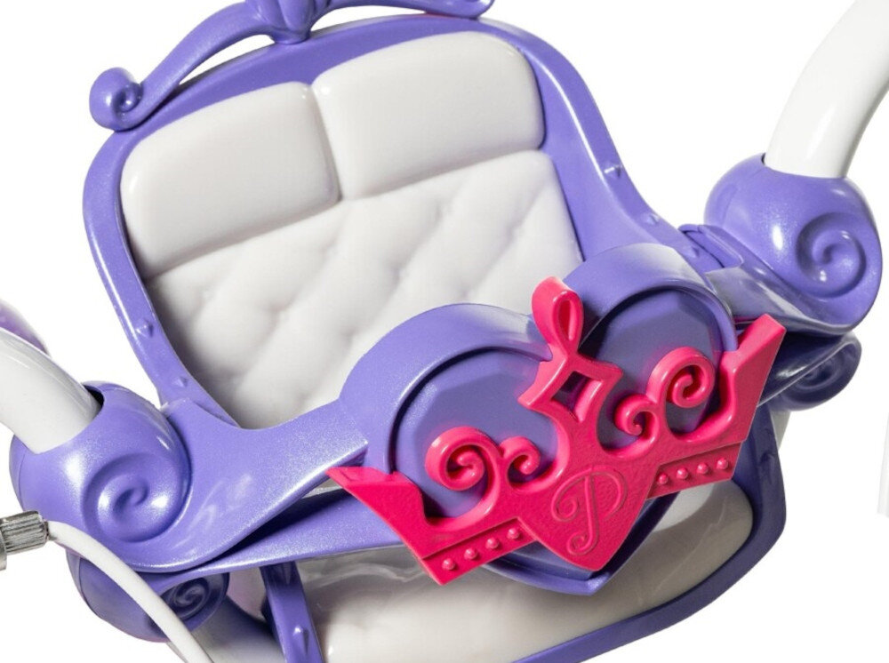 Rower dziecięcy HUFFY Disney Princess 12 cali Różowy Wzrost: 85-100 cm Wiek: 3-5 lat zbliżenie na kierownicę zdjęcie na białym tle brak uczucia dyskomfortu odpowiednia pozycja ciała uchwyty z antypoślizgowego materiału fotelik na drobiazgi